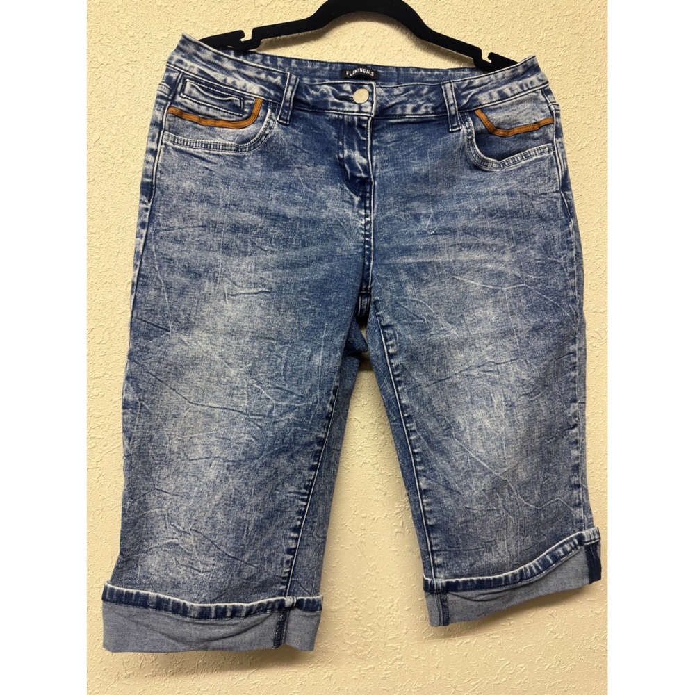 Flamingals Womens Acid Wash Denim Bermuda Shorts Blue Cuffed Knee Length Size M